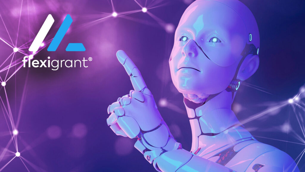 A robot pointing at a Flexigrant logo